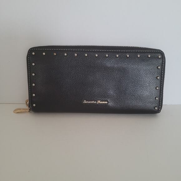 Samantha Thavasa Zip Around Leather Wallet Accordion Large Black Studed Boho - Picture 1 of 11